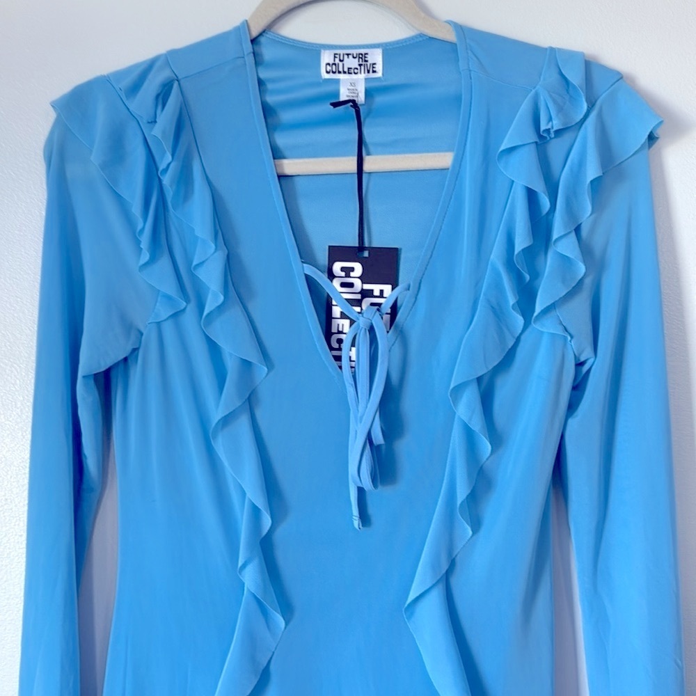 Future Collective Blue Maxi Dress Size XS Front Spilt Long Sleeve V-Neckline - Picture 3 of 9